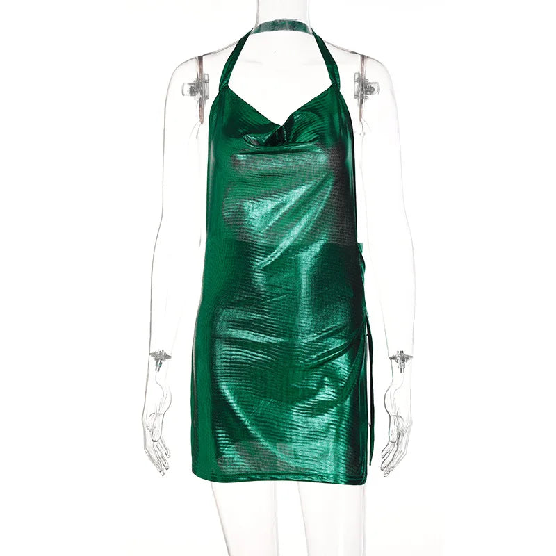 Abito corto elegante da donna sexy e alla moda con collo appeso, fondo senza schienale, abito da ballo per ragazza da festa con paillettes sul petto