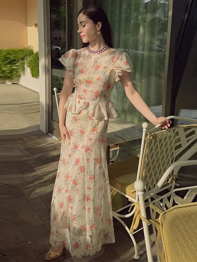 Completo coordinato gonna midi e top con volant stampato da donna, estivo, floreale, a maniche corte, girocollo, gonna a trapezio, due pezzi, novità 2026 per le vacanze
