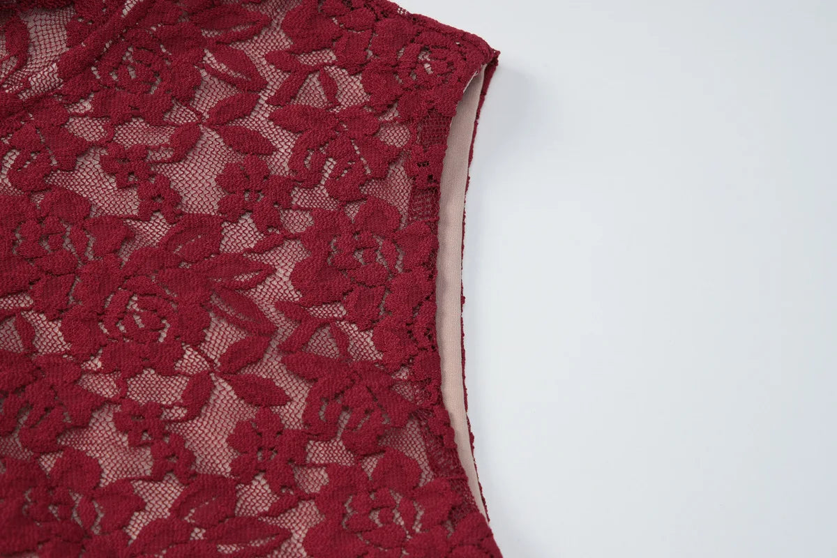 CHNMR Abito Cheongsam Sexy in Pizzo Rosso Senza Maniche, Vestito Lungo Aderente con Scollo a Goccia, Abito da Sera per Feste e Cerimonie, Abbigliamento Formale da Donna