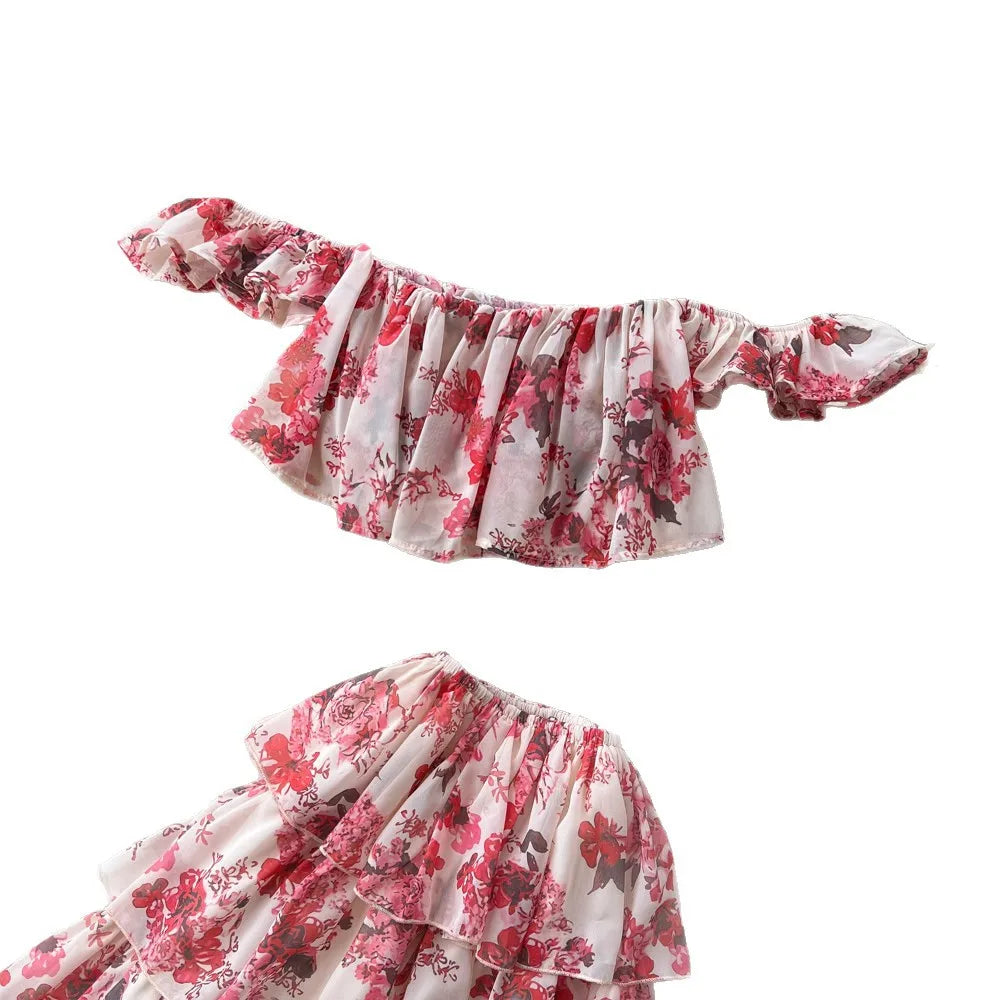 Completo due pezzi da donna: Top stampato floreale con spalle scoperte e gonna lunga a vita alta a trapezio, stile Y2K streetwear elegante e slim fit