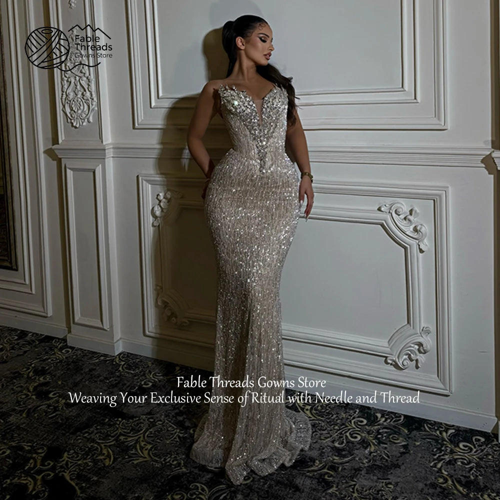 Abiti da ballo a sirena con paillettes scintillanti FableT, abiti da sera lunghi personalizzati in argento, abiti da sposa con strass, robes de soirée