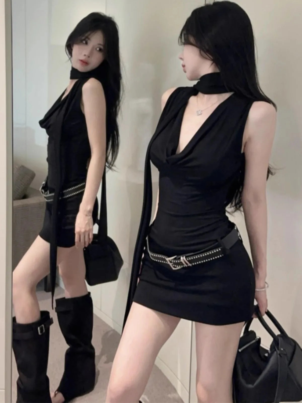 Mini abito estivo sexy nero in stile americano da donna, abito aderente senza maniche con scollo a fascia e vita alta, alla moda, sportivo e retrò
