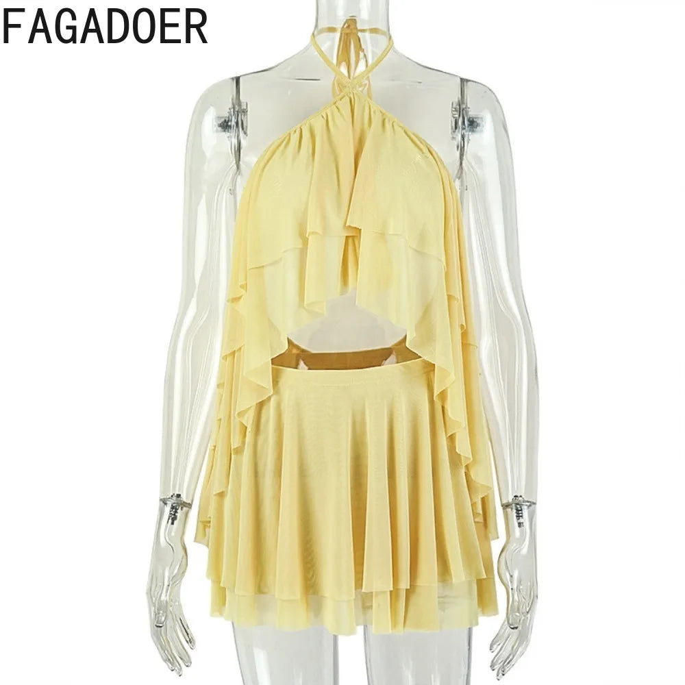 FAGADOER Completo da Donna Sexy con Volant e Collo all'Americana, Top Corto e Minigonna Senza Schiena, Outfit Estivo per Vacanze al Mare e Feste in Spiaggia