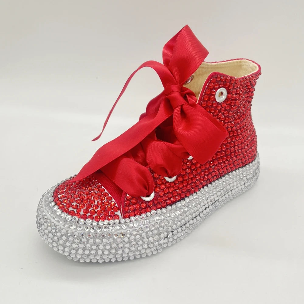 Scarpe da ginnastica Dollbling con strass scintillanti e cristalli, rosse, in tela, per Natale, matrimonio, damigella d'onore, prima comunione