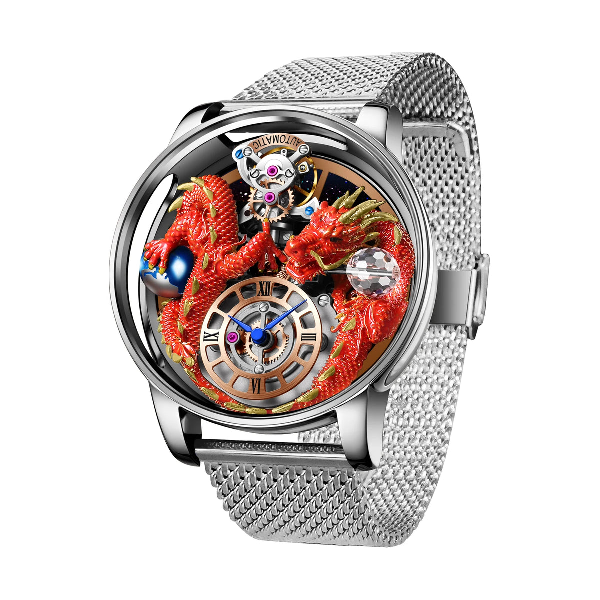 2024 PINDUCelestial Series orologio da uomo Traditionnelle Artisanat Dragon orologio al quarzo specchio curvo orologio dal Design completamente trasparente