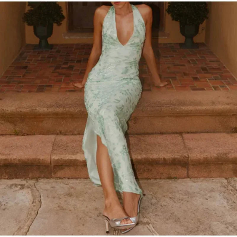 Abito da festa lungo ricamato da donna elegante Abito da festa femminile senza maniche con scollo all'americana sottile Abiti da festa estivi da donna