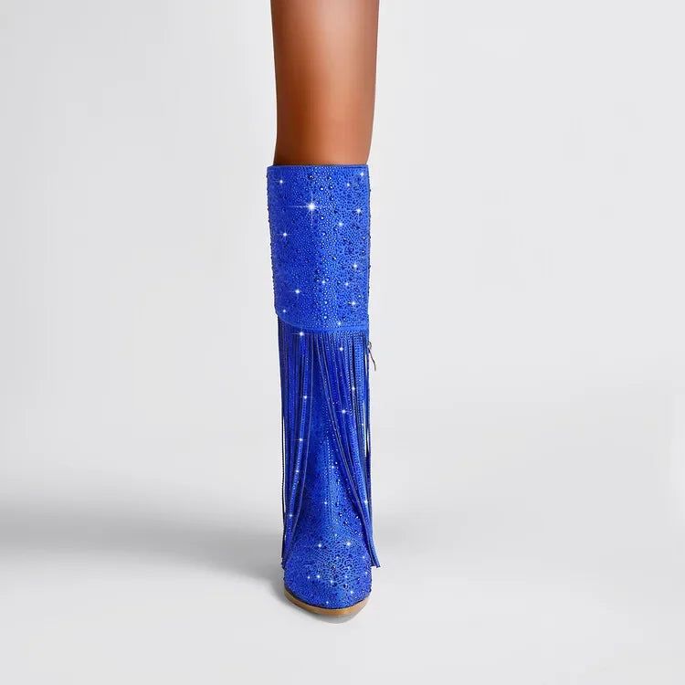 2024 nuovi stivali Chelsea al ginocchio con strass con cerniera nappe a punta moda lucida stivali da donna europei e americani 35-43