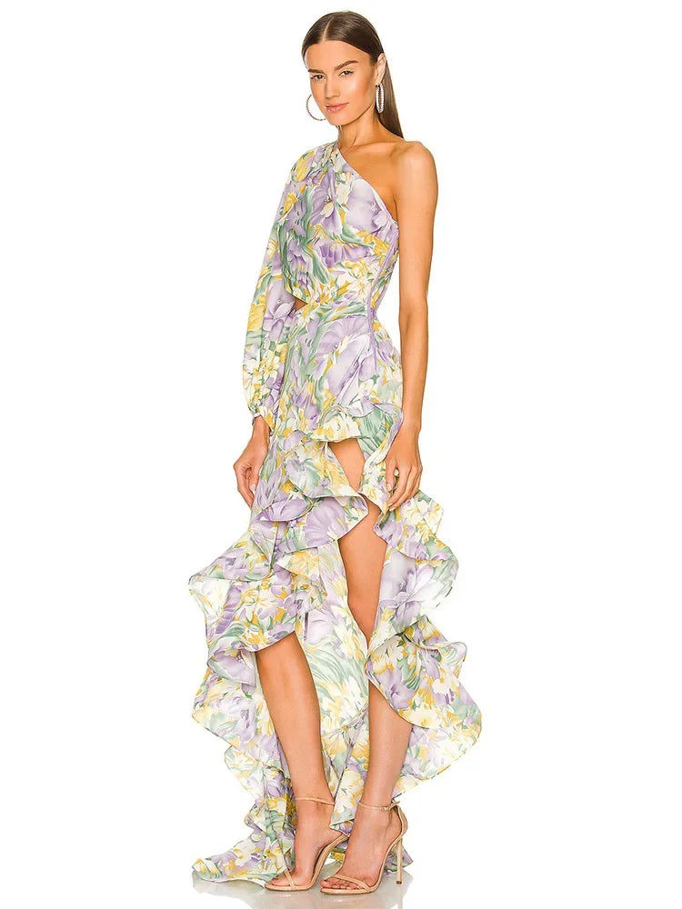 Abito Elegante e Sexy con Stampa Floreale, Orlo Asimmetrico, Collo Alto, Maniche a Palloncino, Lunghezza al Ginocchio