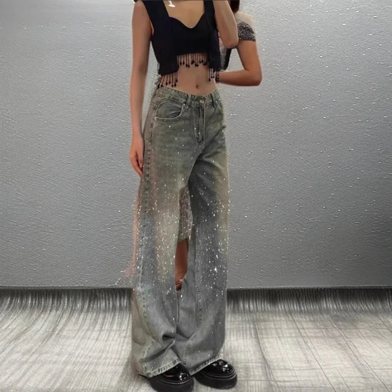 Jeans a Gamba Larga con Diamanti Scintillanti, Vita Alta, Vestibilità Ampia, Lunghezza al Pavimento, Stile Artistico Retrò, Moda Casual, Collezione Primavera