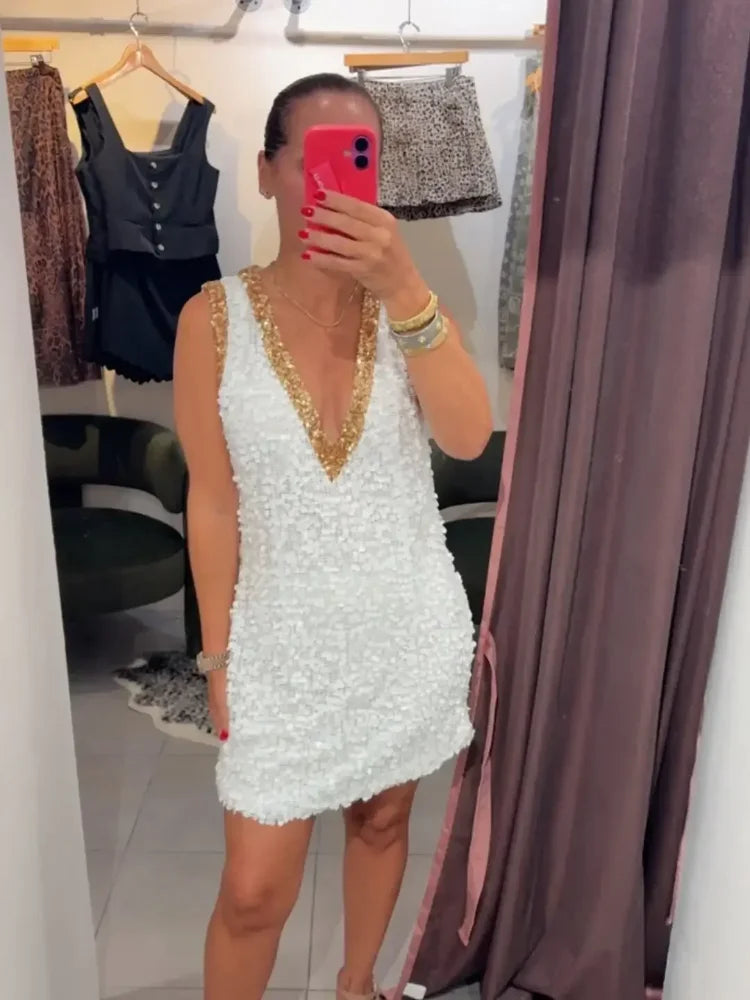 Abito sexy con gilet con paillettes Abito da donna con spalle scoperte senza maniche con scollo a V profondo Mini abiti trasparenti 2026 Abito da sera da donna