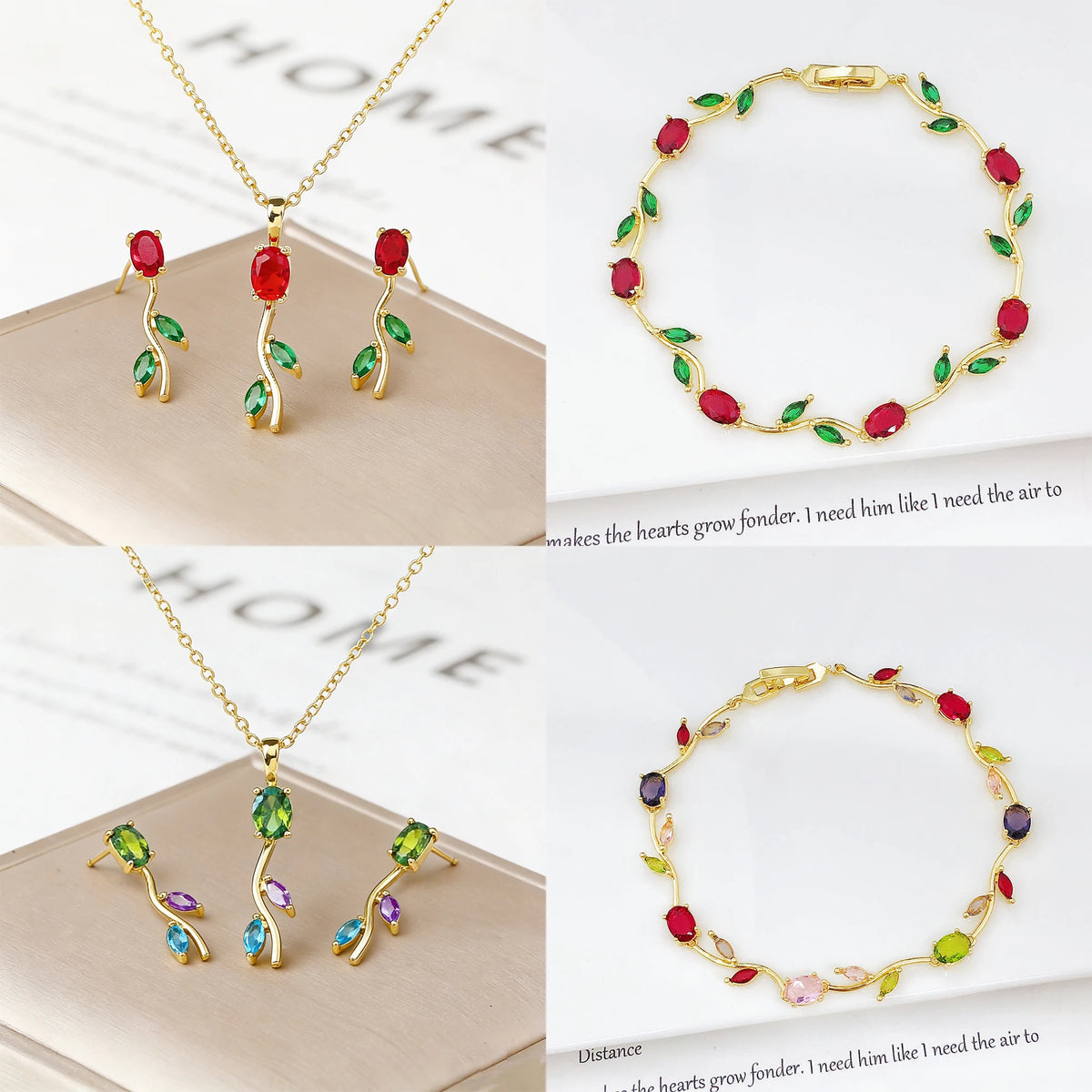 Set di Gioielli 3 Pezzi Lussuoso con Bracciale, Collana e Orecchini a Foglia, Vite e Fiore in Cristallo e Strass, Colorato e di Tendenza, per Donna, Regalo per Feste