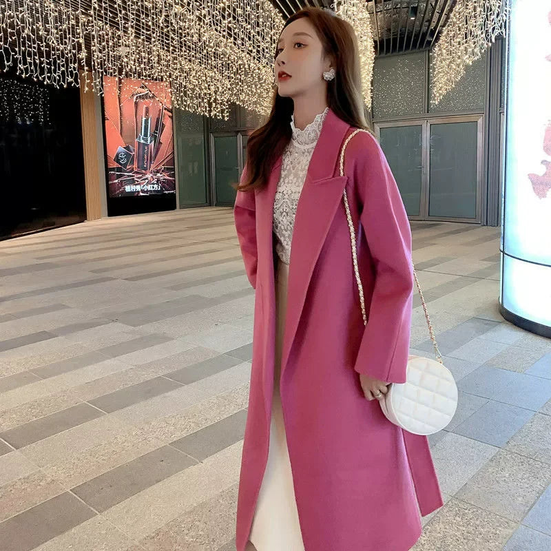 Cappotto in cashmere rosa a doppia faccia da donna, di media lunghezza, cappotto in lana di alta qualità modello NO.36