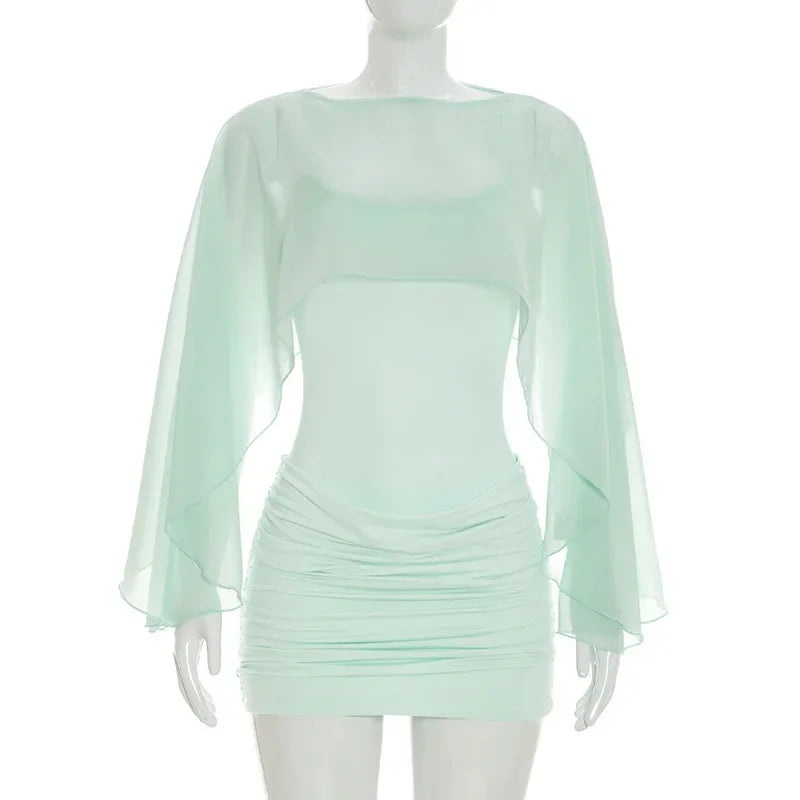 Mini Abito Sexy in Rete Trasparente da Donna, Outfit da Festa Y2K, Vestito Aderente Senza Maniche con Scollo Tondo per l'Autunno, Regalo per le Vacanze