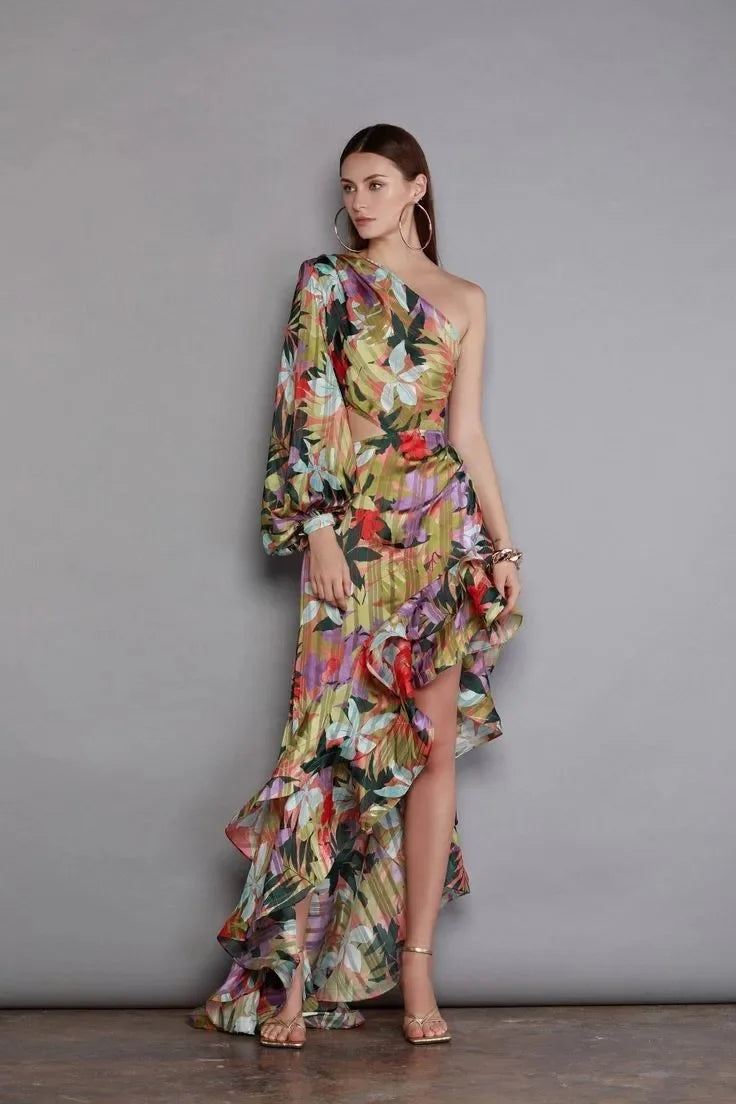 Abito Elegante e Sexy con Stampa Floreale, Orlo Asimmetrico, Collo Alto, Maniche a Palloncino, Lunghezza al Ginocchio