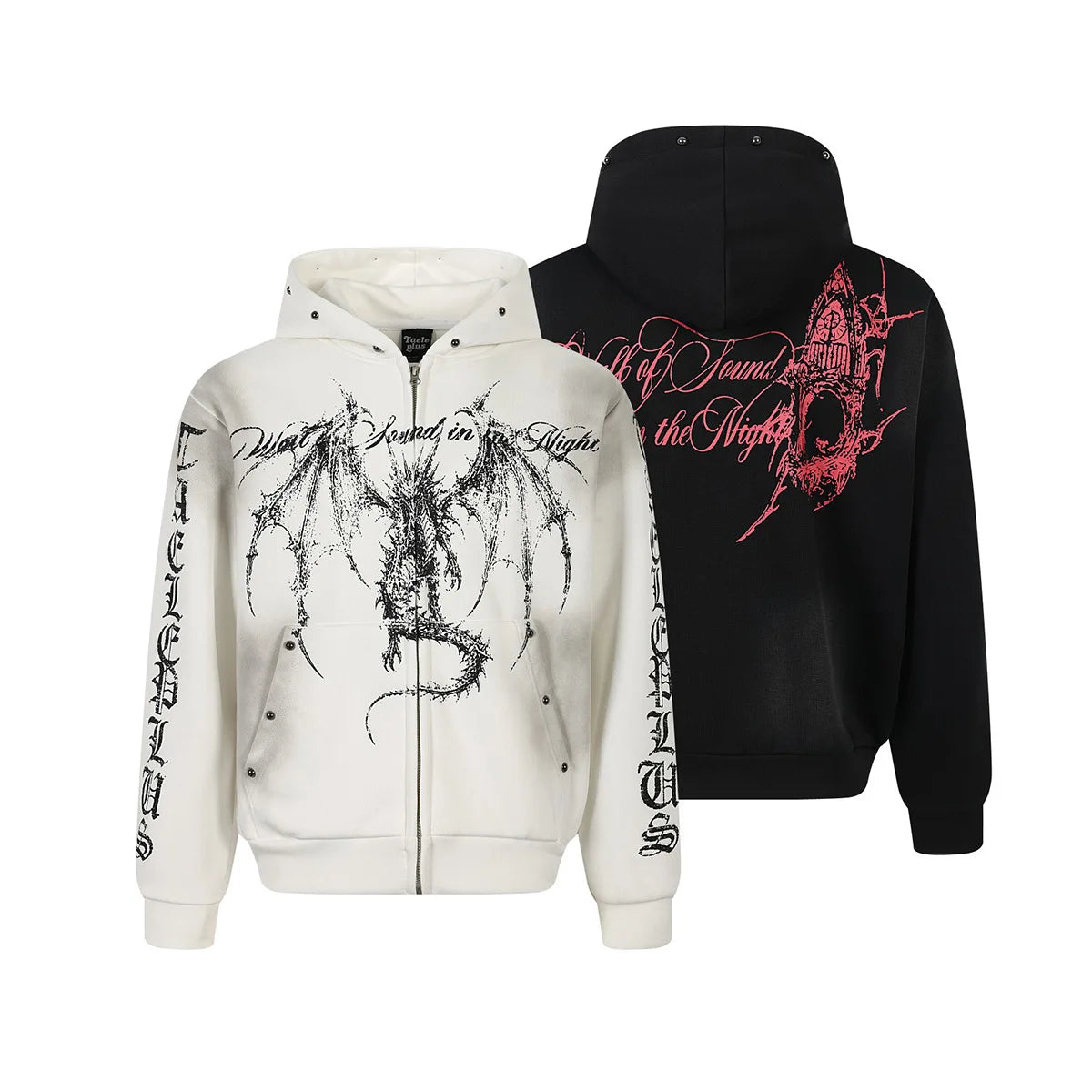 Felpa con Cappuccio Gotica Unisex con Zip, Effetto Lavato e Borchie, Cardigan con Finitura Spray, Top
