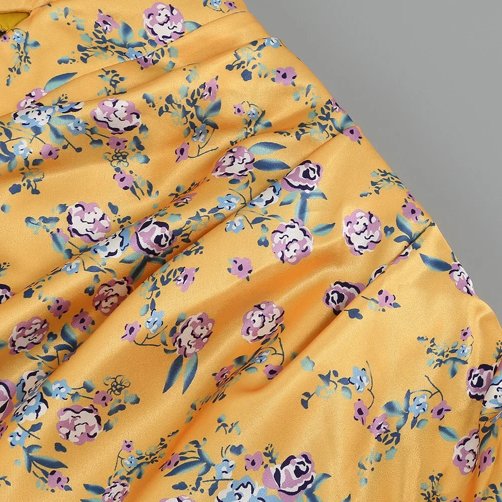 Abito Elegante e Sexy con Stampa Floreale, Orlo Asimmetrico, Collo Alto, Maniche a Palloncino, Lunghezza al Ginocchio