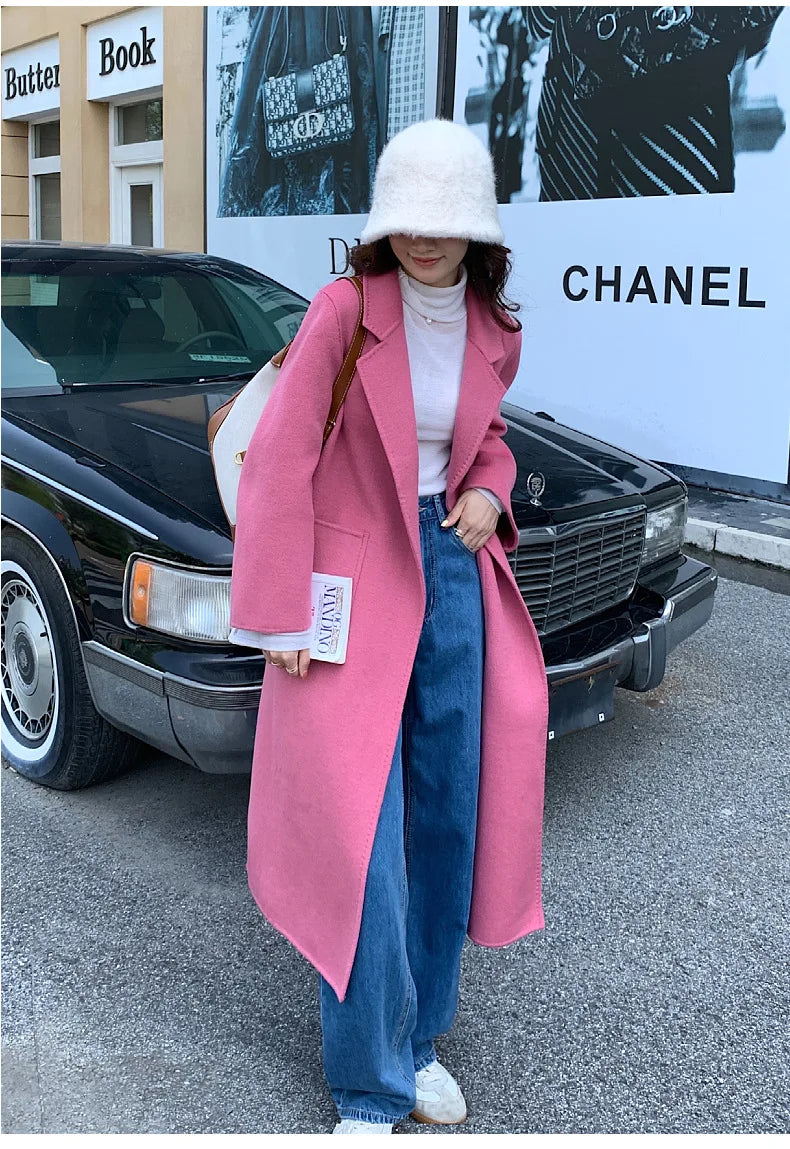 2024 Donne di Inverno di Lusso Fatti A Mano Cappotti di Lana Double Face 100% X-Lunghi Cappotti di Design Coreano Delle Donne Della Tuta Sportiva Cappotti Rosa