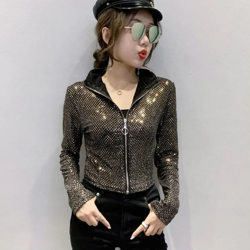 Giacca Autunnale da Donna, Nuova Giacca Corta con Paillettes, Moda Femminile, Manica Lunga, Design Elegante, Camicia Sexy