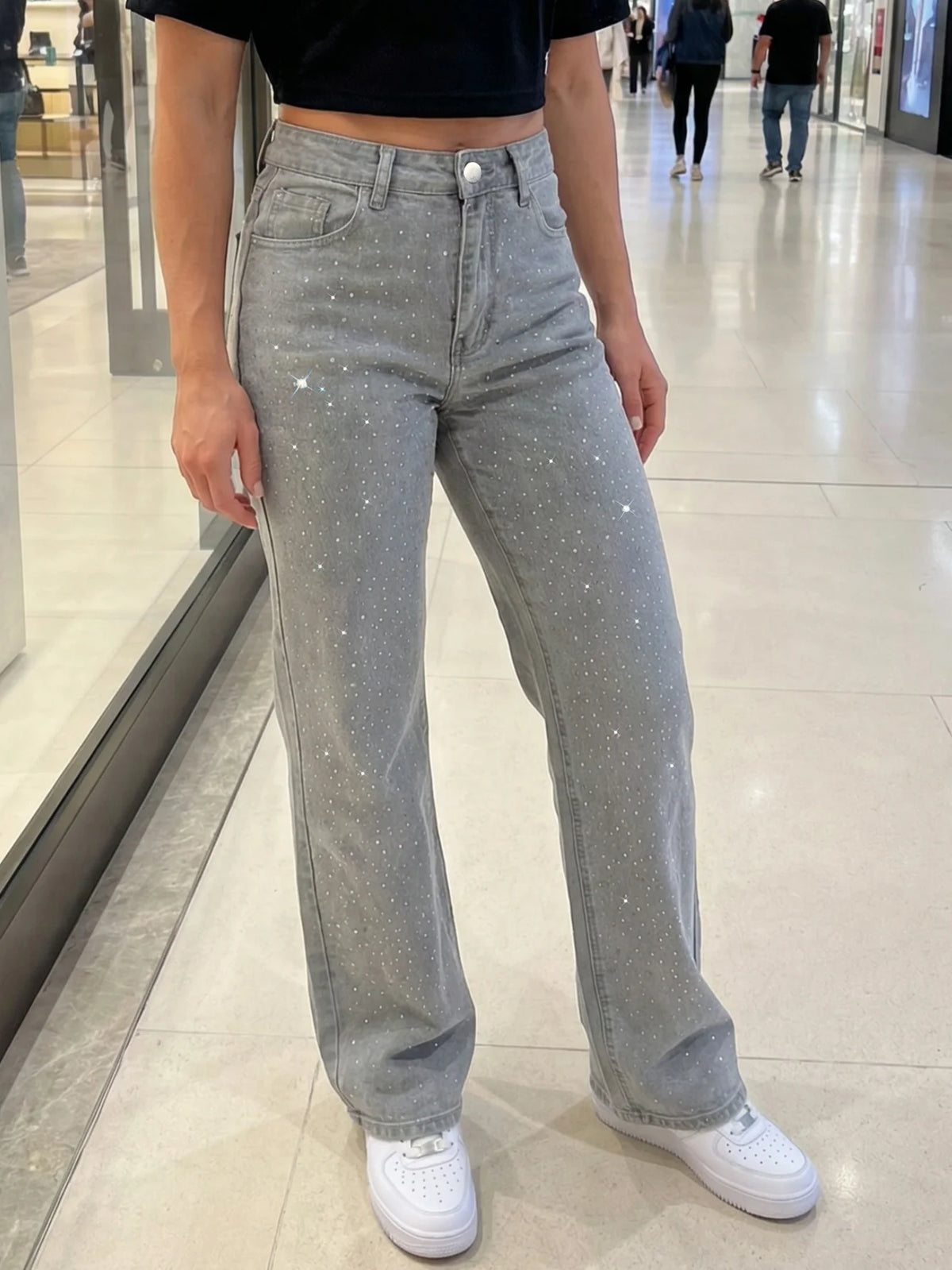 Pantaloni Larghi da Donna con Glitter e Decorazioni, Jeans Effetto Neve, Pantaloni Lunghi Elasticizzati alla Moda, Casual