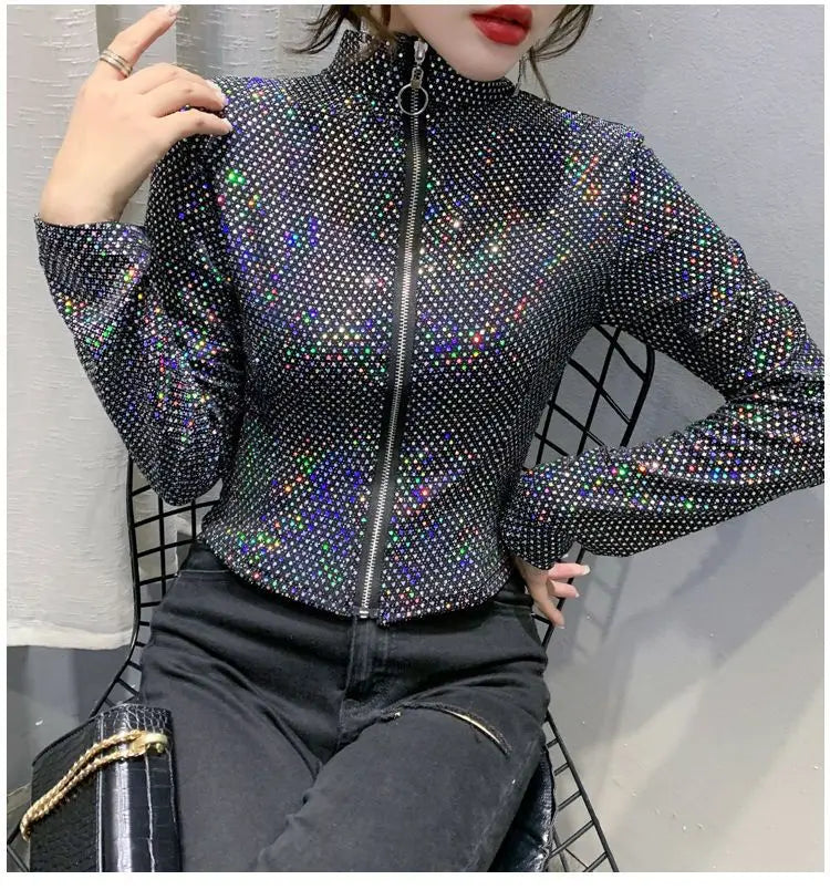 Giacca Autunnale da Donna, Nuova Giacca Corta con Paillettes, Moda Femminile, Manica Lunga, Design Elegante, Camicia Sexy