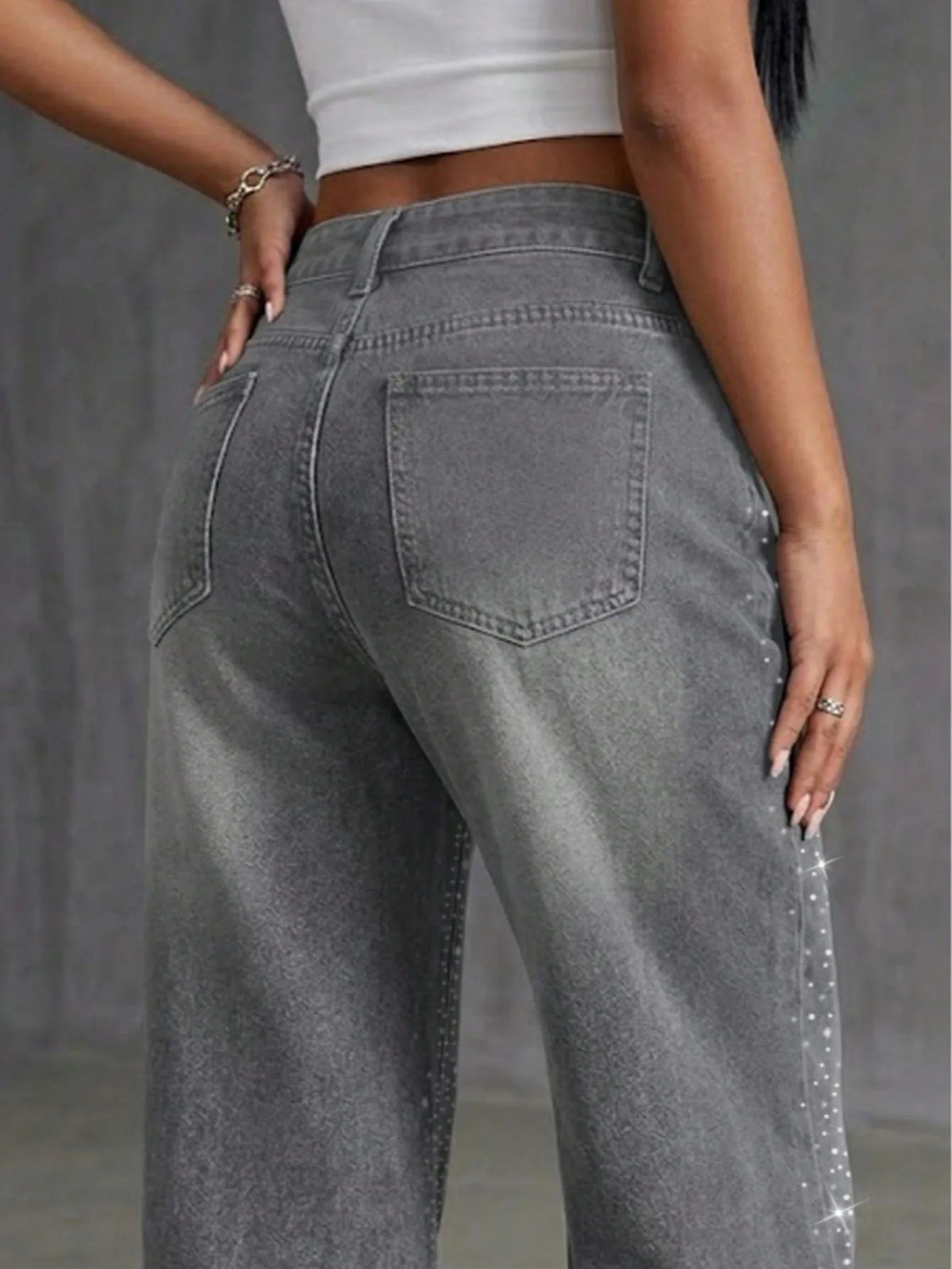 Jeans a Gamba Dritta con Strass Grigi, Pantaloni Lunghi e Larghi, Comodi e Casual in Stile Coreano, Jeans in Denim di Cotone