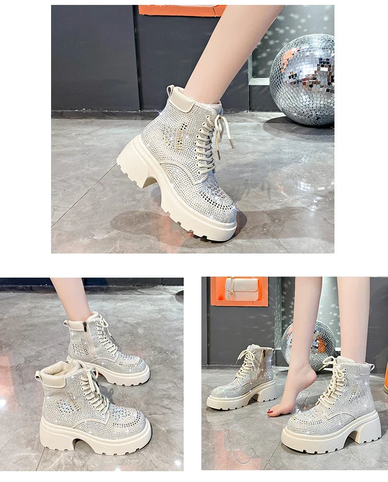 Stivaletti corti con diamanti con paillettes Donna Autunno Inverno Moda di lusso Stivali alti con tacco spesso Stivali stringati Scarpe casual da festa all'aperto