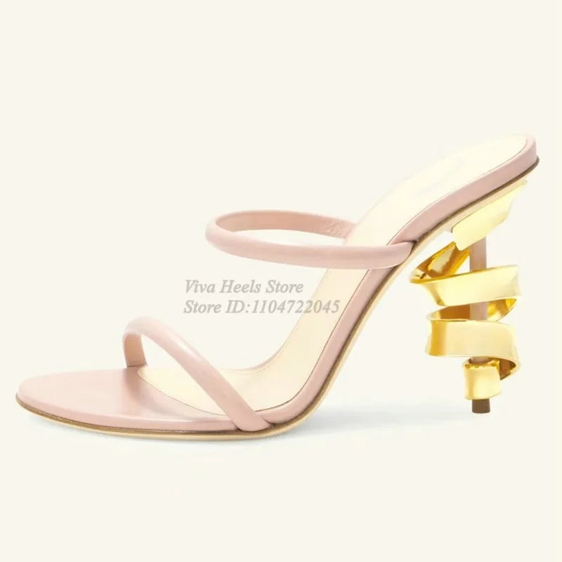 Nuovi Sandali Estivi 2026 con Tacco in Metallo Stile Unico, Ciabatte con Tacco Alto in Pelle Nera/Rosa a Punta Aperta, Scarpe da Festa Taglie Grandi