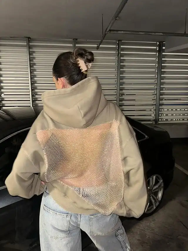 Felpa con cappuccio con strass e rivetti con ali d'angelo alla moda da donna gotica Y2K Abbigliamento Felpa oversize allentata casual Giacca pullover casual