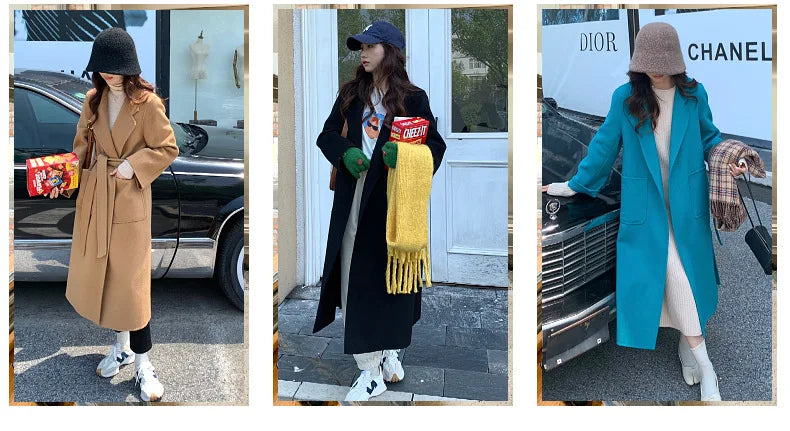 2024 Donne di Inverno di Lusso Fatti A Mano Cappotti di Lana Double Face 100% X-Lunghi Cappotti di Design Coreano Delle Donne Della Tuta Sportiva Cappotti Rosa