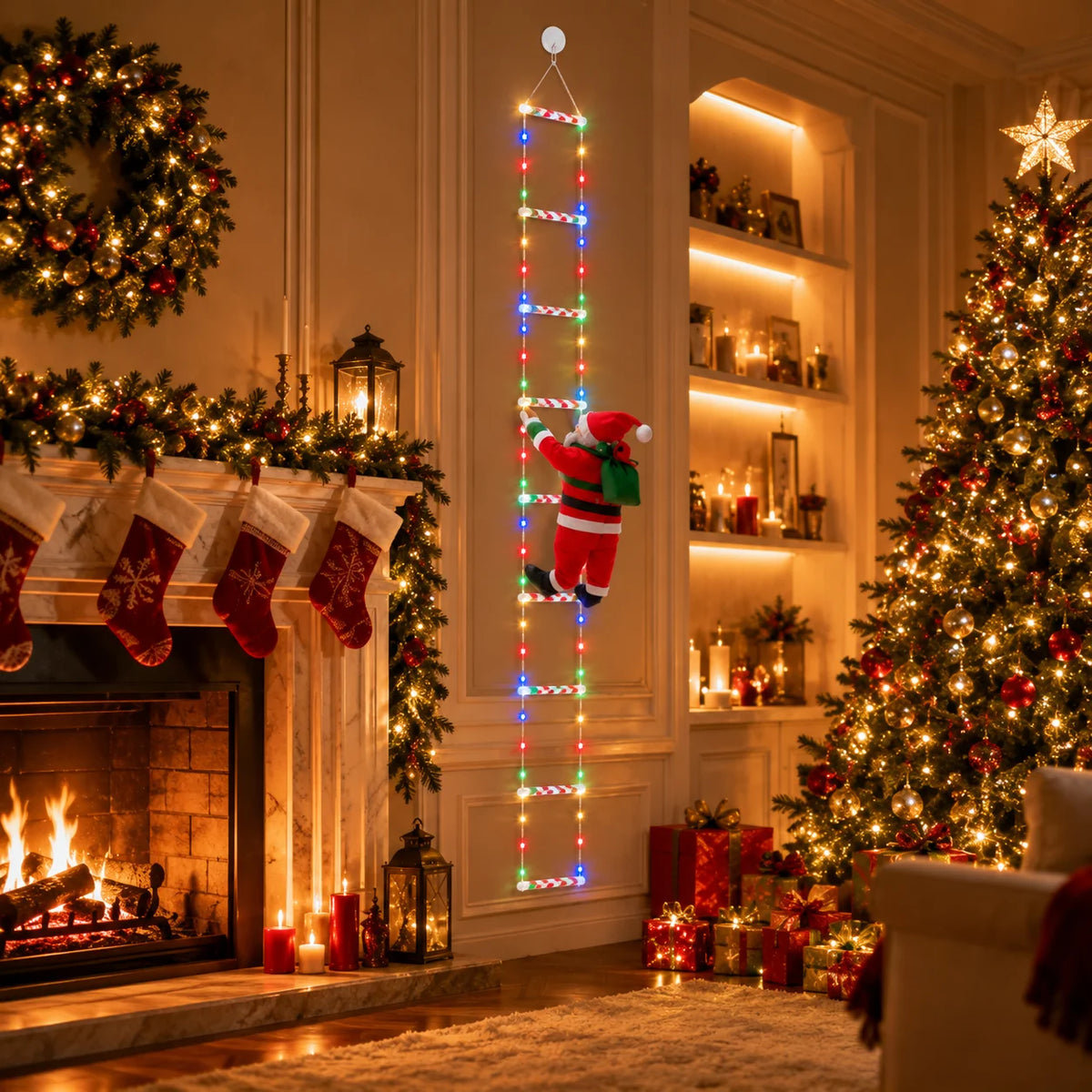USB Christmas Ladder Lights with Climbing Santa, 8 Modes, Warm White/Colorful, 8/12 Rung LED Holiday Decor