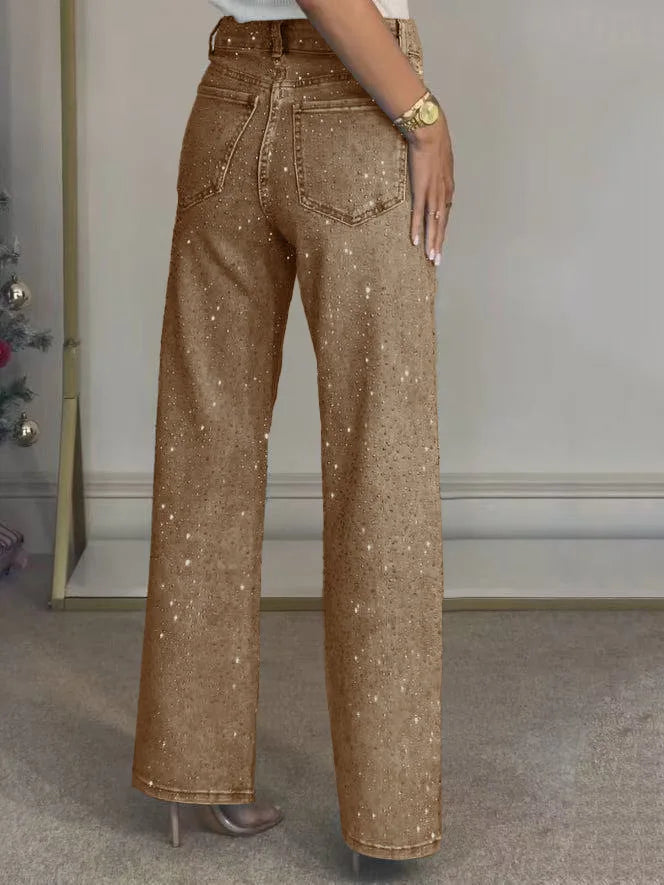 Pantaloni jeans con strass lucidi Pantaloni dritti in denim con diamanti da donna sexy a vita alta eleganti da night club