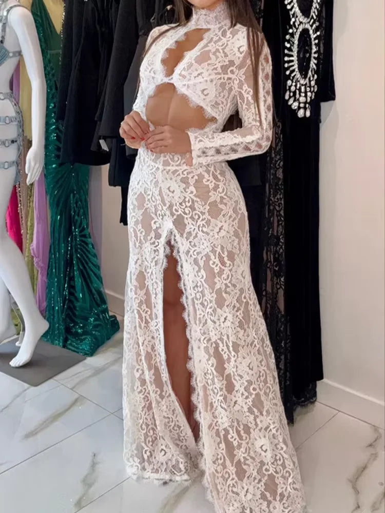 Huhugirl Abiti lunghi da donna in pizzo, traforati, tinta unita, sexy, a maniche lunghe, con spacco, alla moda, con colletto rialzato, stile street, casual da donna