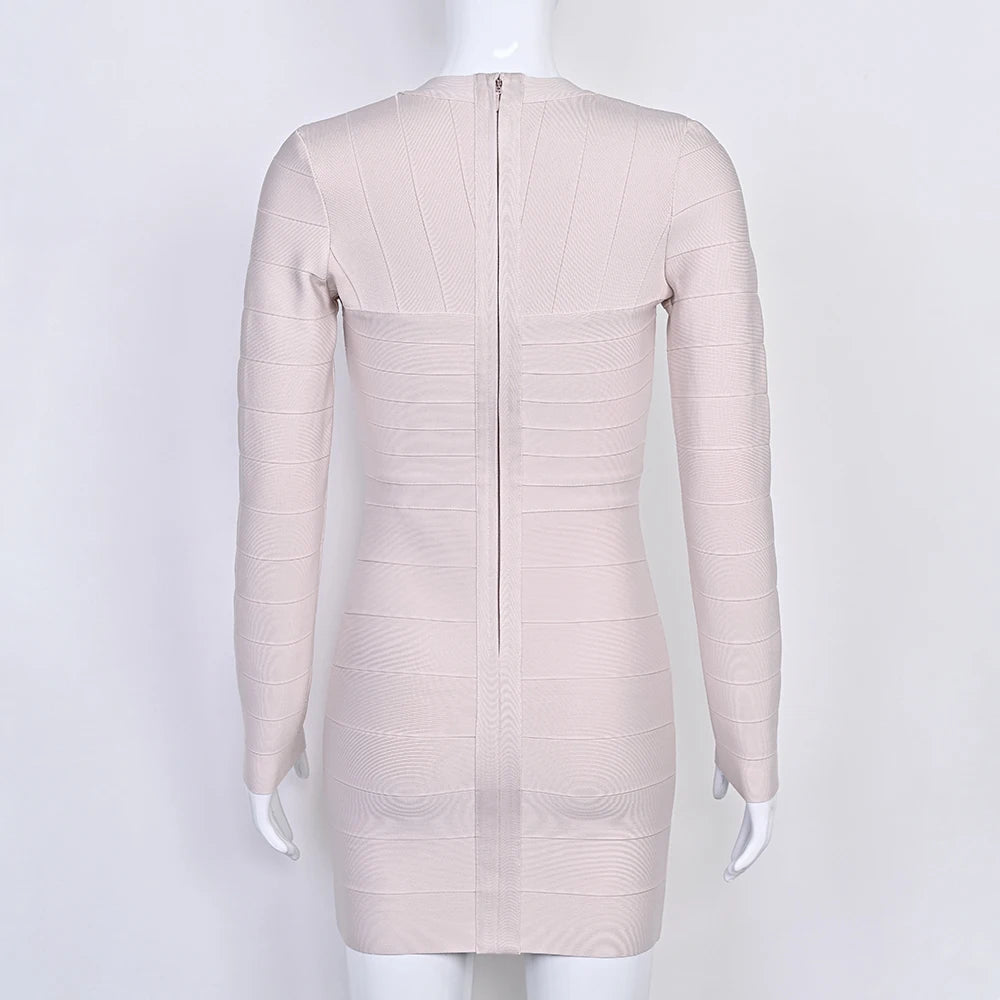 BEAUKEY Abito da Sera Sexy Mini con Scollo a V Profondo e Maniche Lunghe Beige, Vestito da Festa con Fasce, Abito da Clubwear Lungo Stile Runway