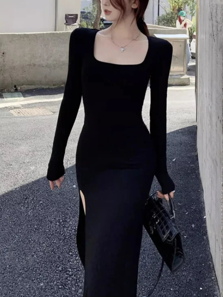 Abito sexy con spacco laterale per donna Abiti aderenti avvolgenti sopra il ginocchio Abiti a maniche lunghe Nero Street Bodycon Primavera Autunno