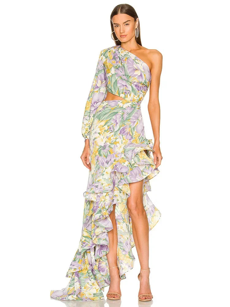 Abito Elegante e Sexy con Stampa Floreale, Orlo Asimmetrico, Collo Alto, Maniche a Palloncino, Lunghezza al Ginocchio