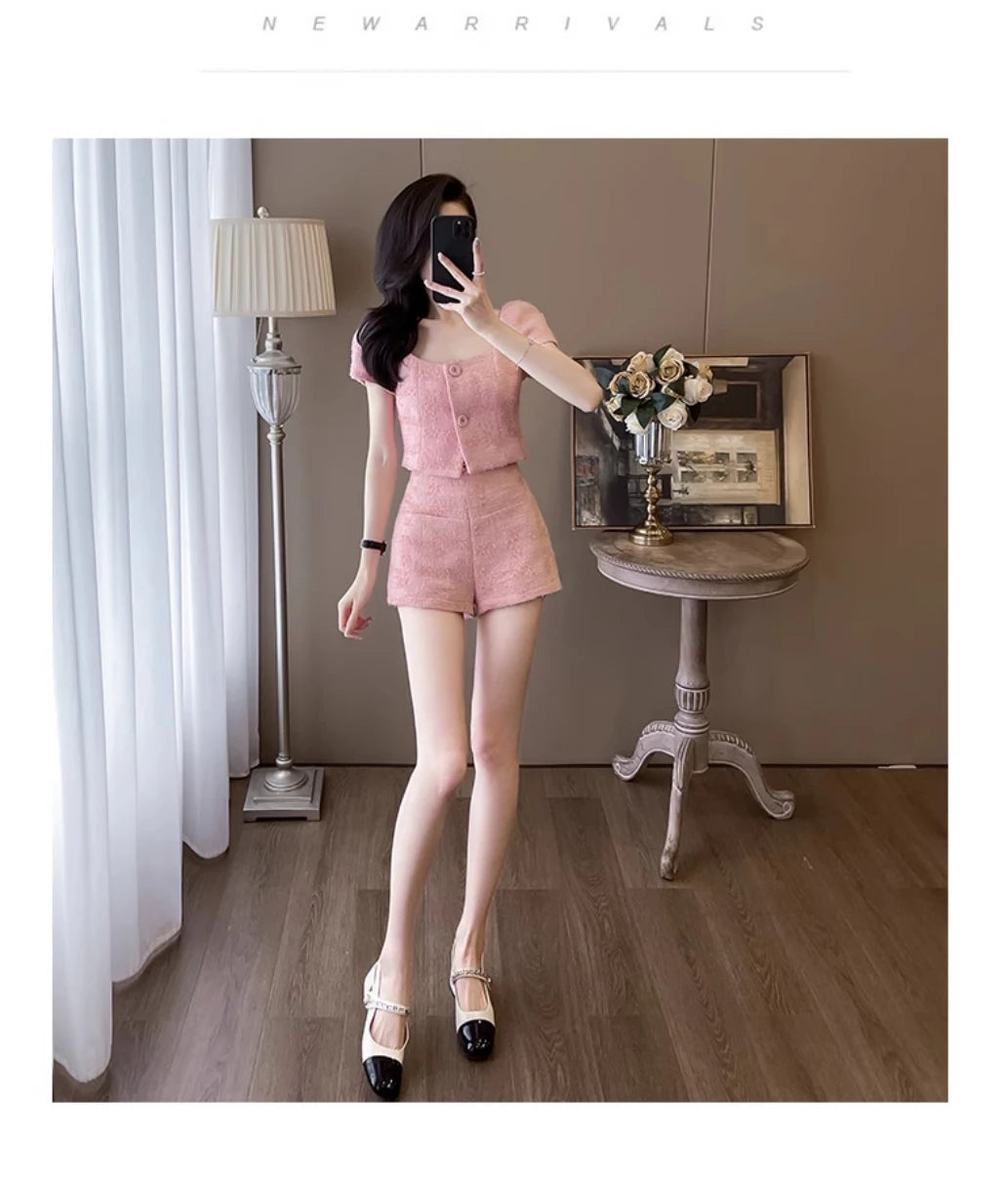 Camicia corta da donna con colletto quadrato in tweed grossolano stile street Pantaloncini slim coreani a vita alta Estate dolce rosa alla moda Due pezzi