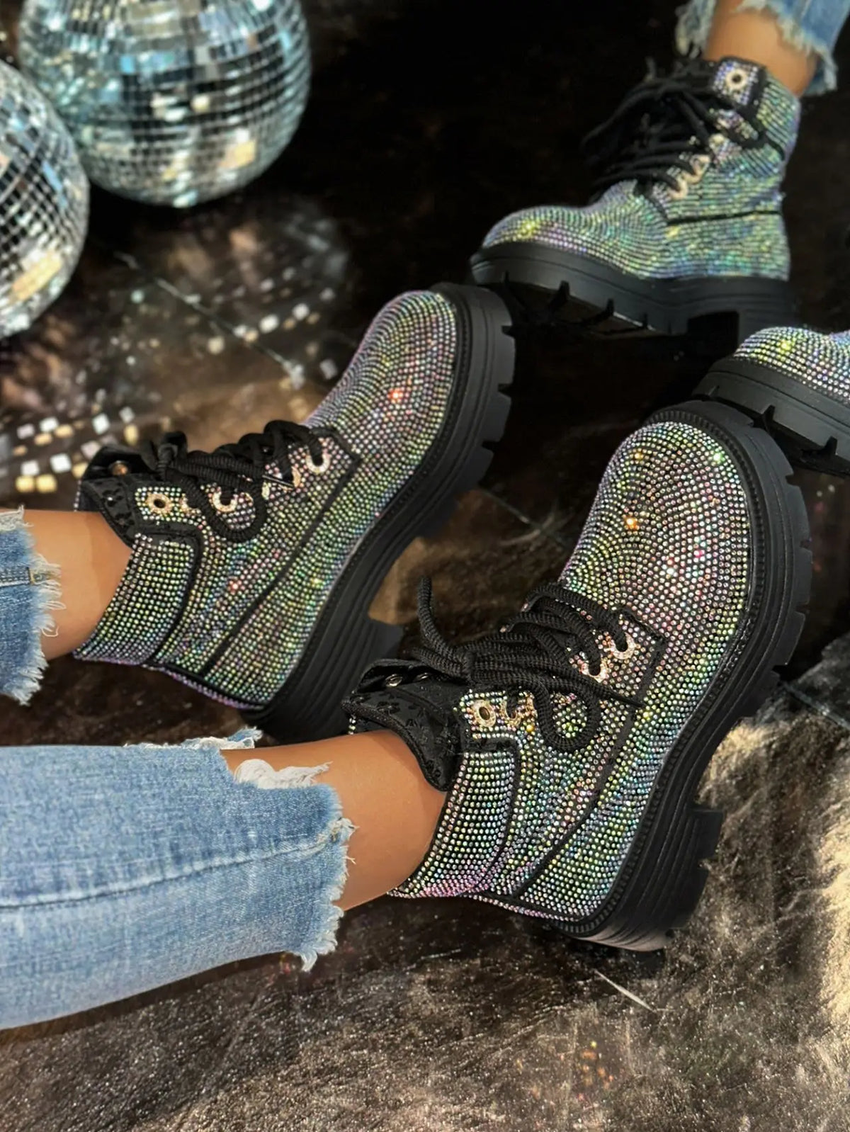 Stivaletti Retrò Autunno Inverno Nuovi con Strass e Lacci Punta Tonda Plateau Scarpe da Donna Taglie Grandi