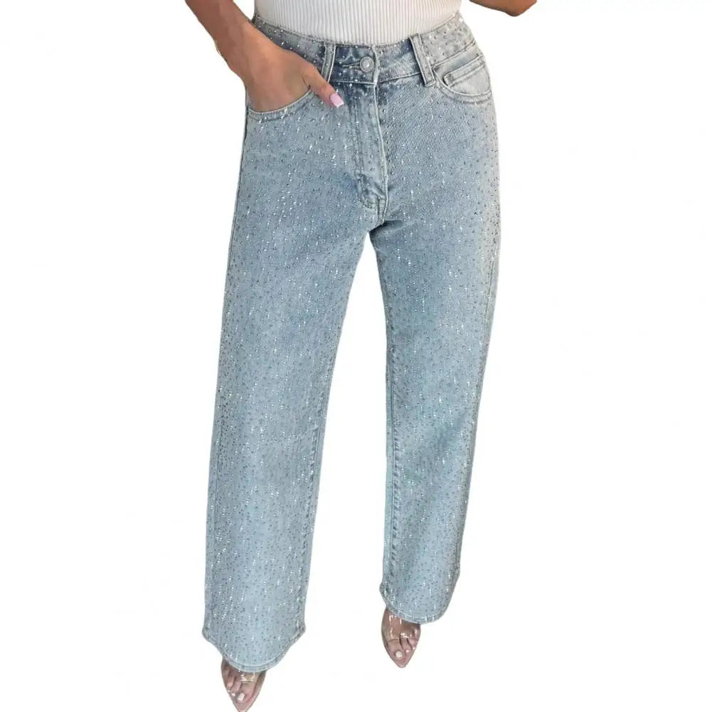 Jeans con perle finte per donna Pantaloni in denim elasticizzato a gamba dritta a vita alta Pantaloni larghi con perline a gamba larga casual Moda streetwear