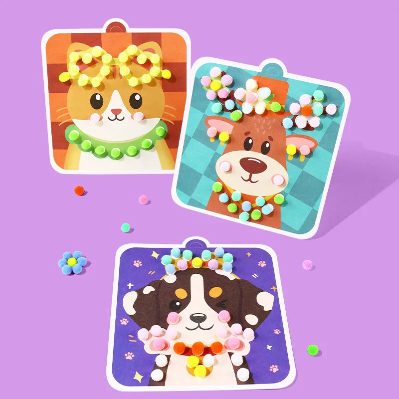 Handmade Material Children's Sticker Book Educational Early Learning Animal Pompom Art Kit Cartoon Montessori Pompom Crafts Toy