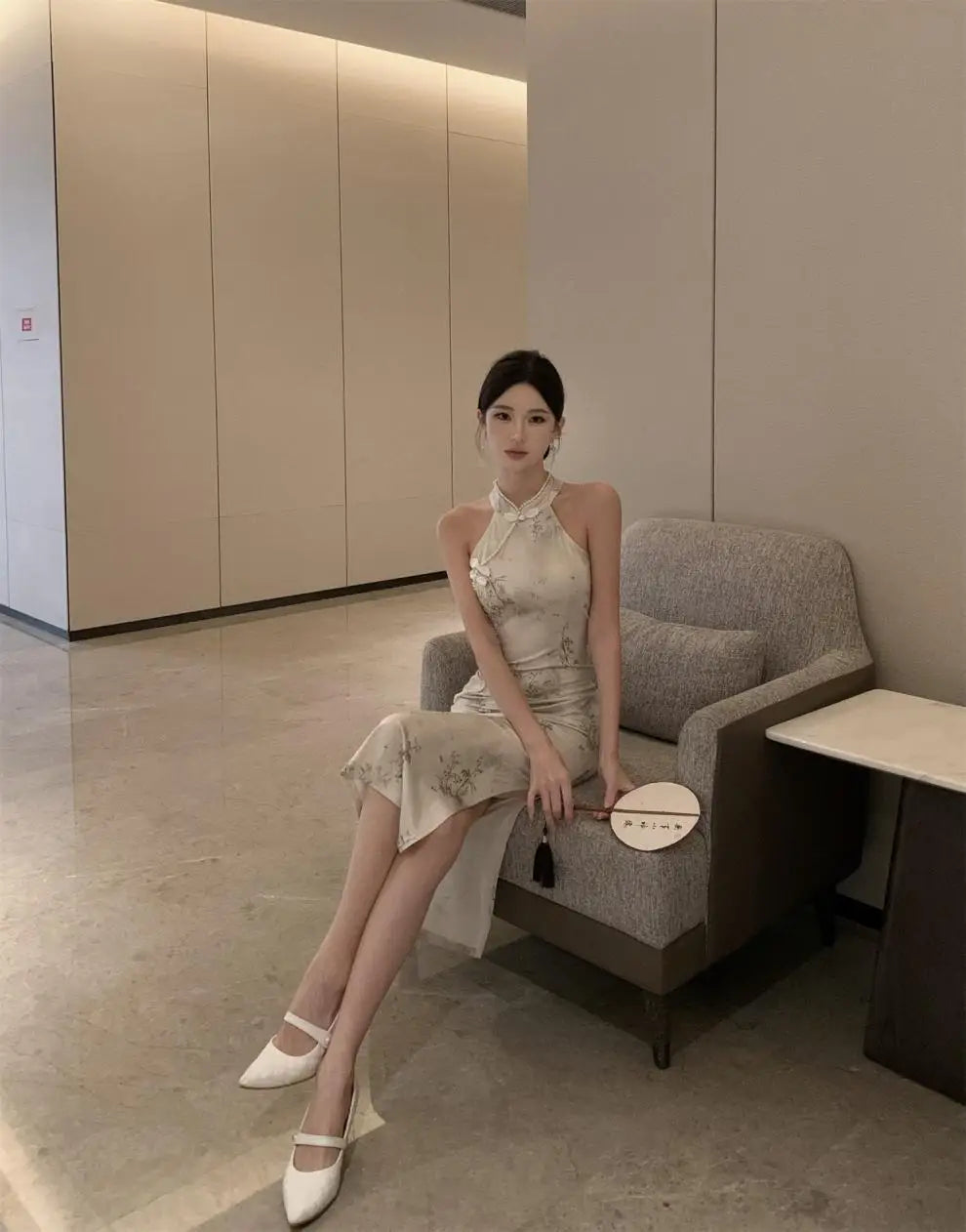 Abito lungo a vita alta senza maniche, stile retrò, con perline, modello cheongsam migliorato, aderente e snellente, per il tempo libero e il commuting.