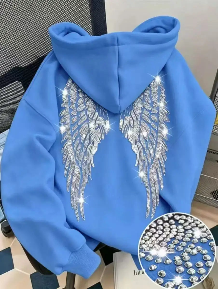 Felpa con cappuccio casual e ampio, design minimalista di tendenza 2026 con ali e strass, giacca pullover