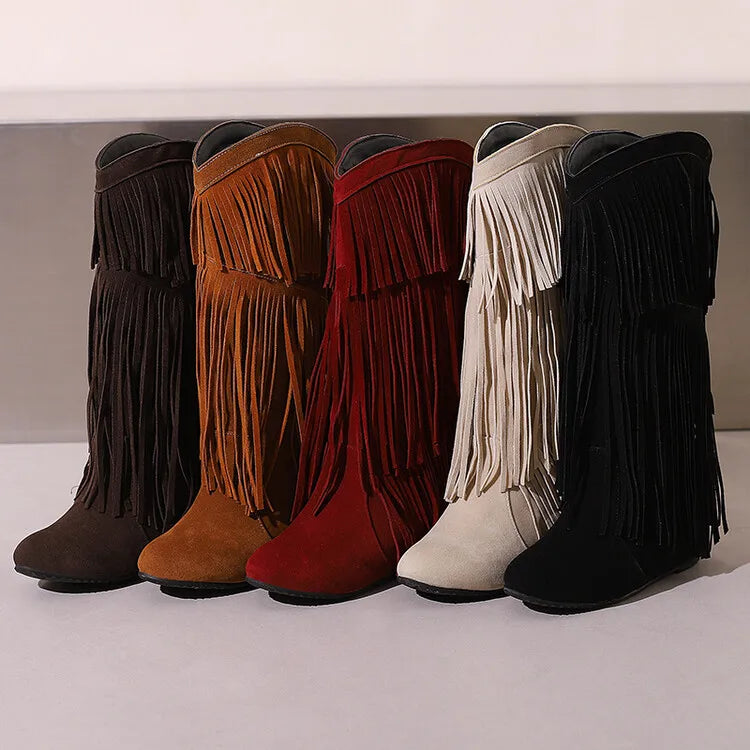 Ochanmeb stivali con frange Western rosso vino per donna stivali con tacco rialzato giallo nappe nere senza Zip scarpe da donna calde e larghe al polpaccio