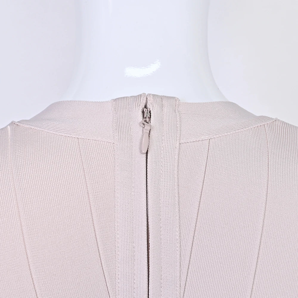 BEAUKEY Abito da Sera Sexy Mini con Scollo a V Profondo e Maniche Lunghe Beige, Vestito da Festa con Fasce, Abito da Clubwear Lungo Stile Runway