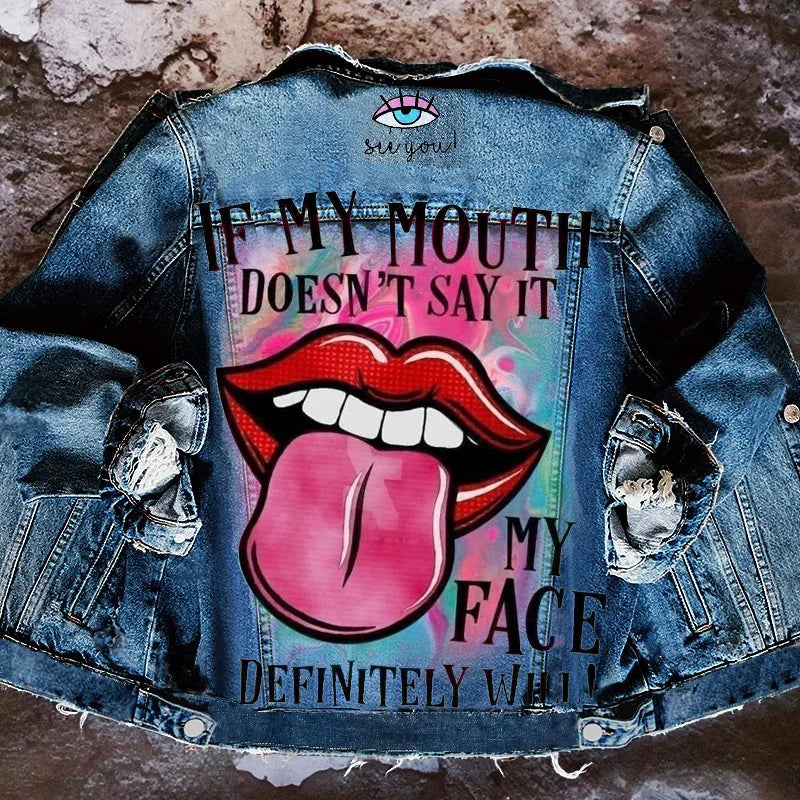 2024 autunno delle donne nuova vendita calda Street INS Net Red con la stessa ragazza giocosa Tongue Out Print Pattern giacca di jeans con risvolto