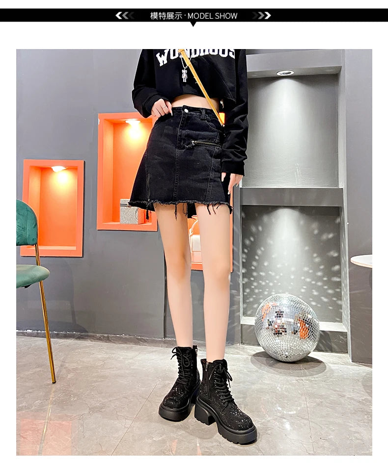 Stivaletti corti con diamanti con paillettes Donna Autunno Inverno Moda di lusso Stivali alti con tacco spesso Stivali stringati Scarpe casual da festa all'aperto