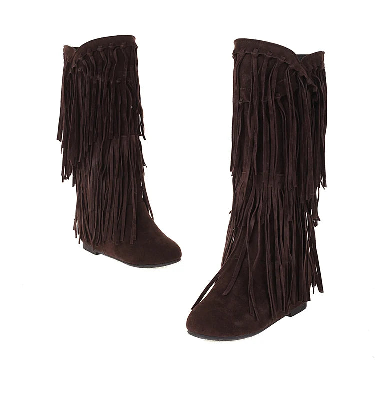 2025 Nuovi stivali alti Donna Bohemian Flock Nappa Stivali a metà polpaccio Stivaletti con zeppa Autunno Inverno Scarpe casual etniche zapatos de mujer
