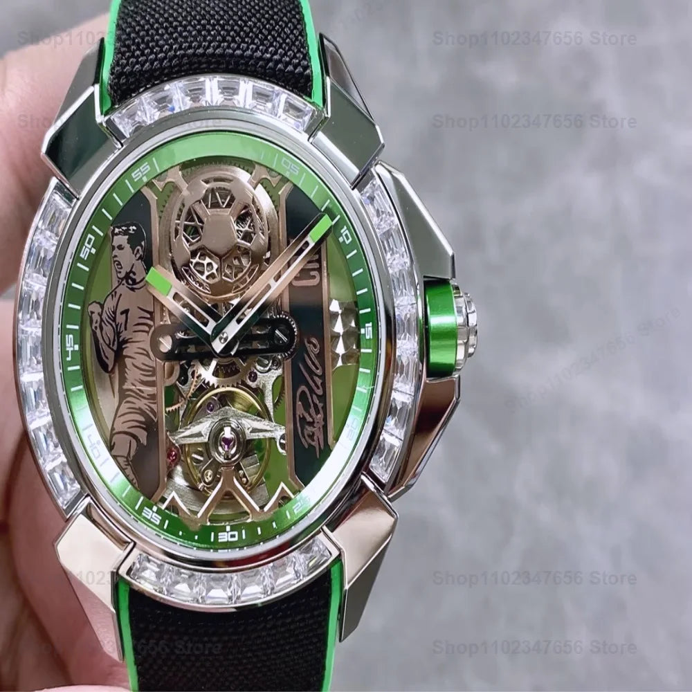 Orologio Meccanico Automatico Sportivo con Quadrante Scheletrato, Ghiera Verde e Cinturino in Silicone