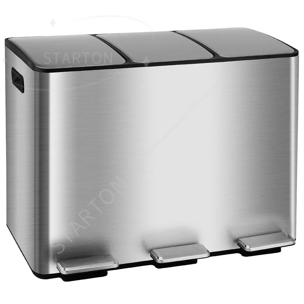 60L Triple Compartment Stainless Steel Recycling Bin with Pedal Press Button on Top Kitchen Trash Bin Recycle Bin