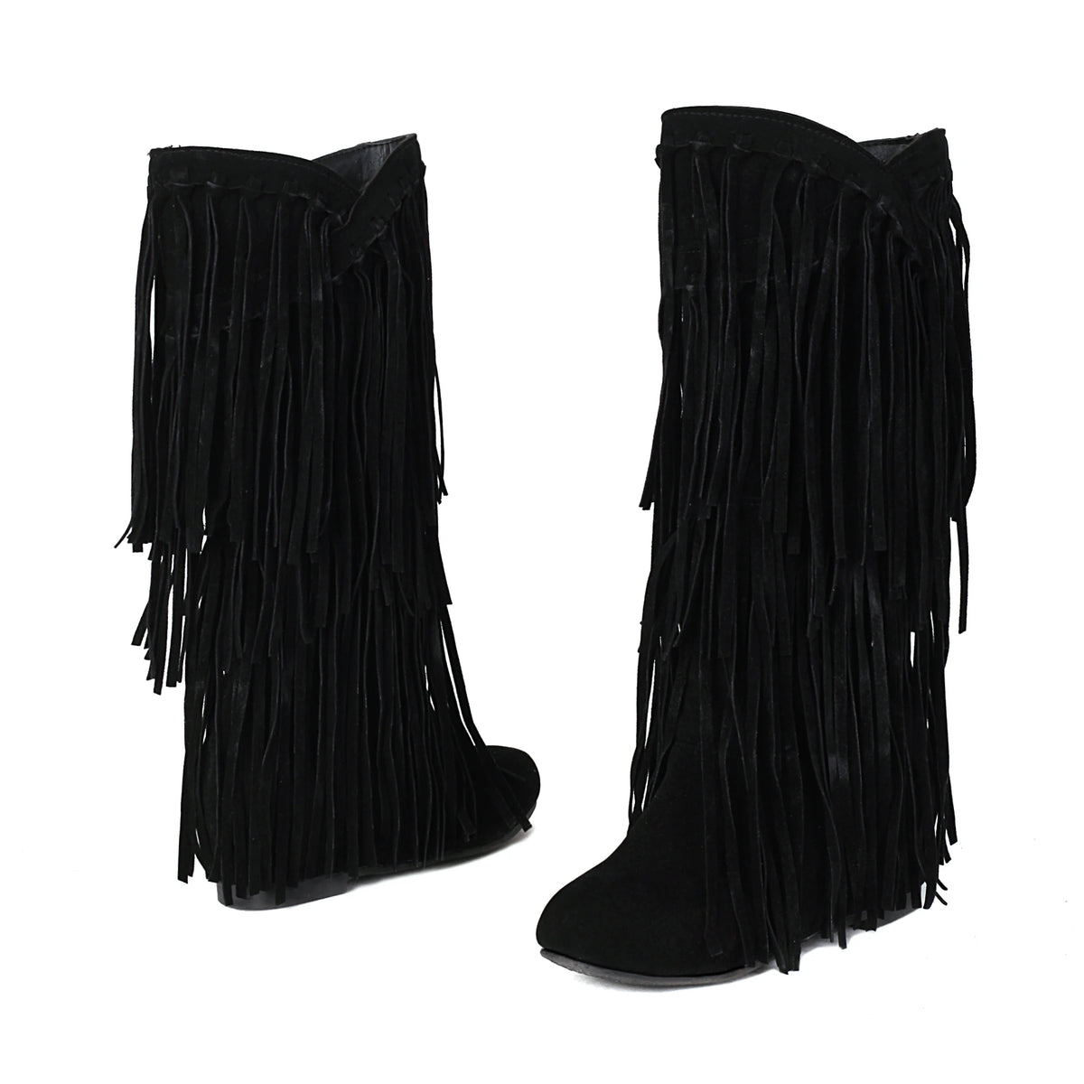 Scarpe da donna primavera e autunno moda nuovo stile Sexy stivali da donna al ginocchio floccato punta tonda frangia alta 3cm plus size 34-48