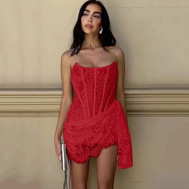 Abito sexy senza spalline in pizzo bianco per le donne Abiti eleganti da sera per feste Mini abiti estivi aderenti
